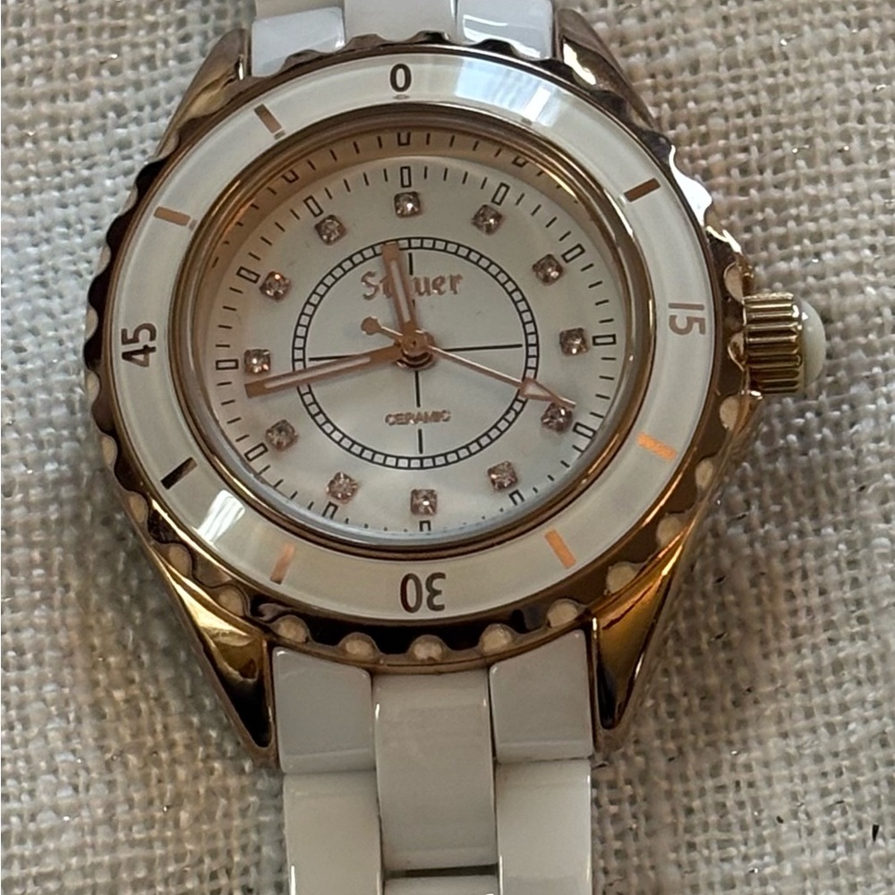 New Battry Working Stauer Women's White and Rose Gold Tone Crystal Ceramic Watch